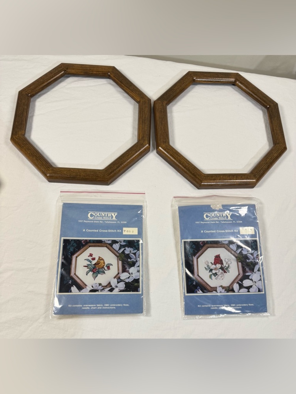 Country Cross-Stitch Kit with Octagon Wood Frame cardinals male female